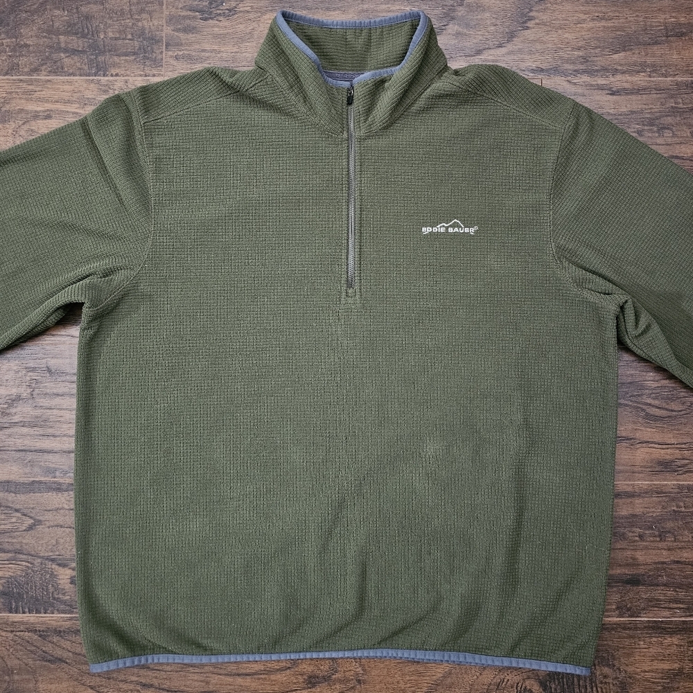 Eddie‎ Bauer Microgrid Fleece Sweater Mens XL Green Quarter Zip Long Sleeve Logo